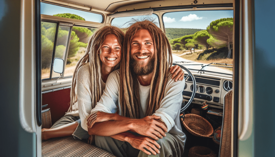 couple de rasta de peau blanche avec le sourire dans leur van combi