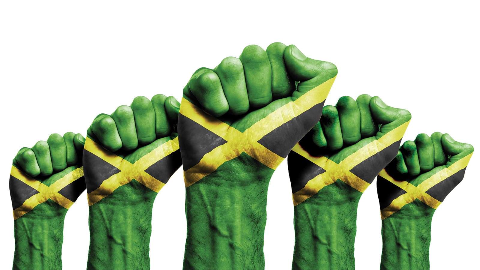 5 poings levés aux couleurs de la Jamaïque
