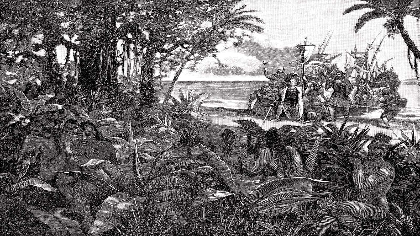 Christophe Colomb qui débarque sur les côtes de la Jamaïque au 15eme siècle