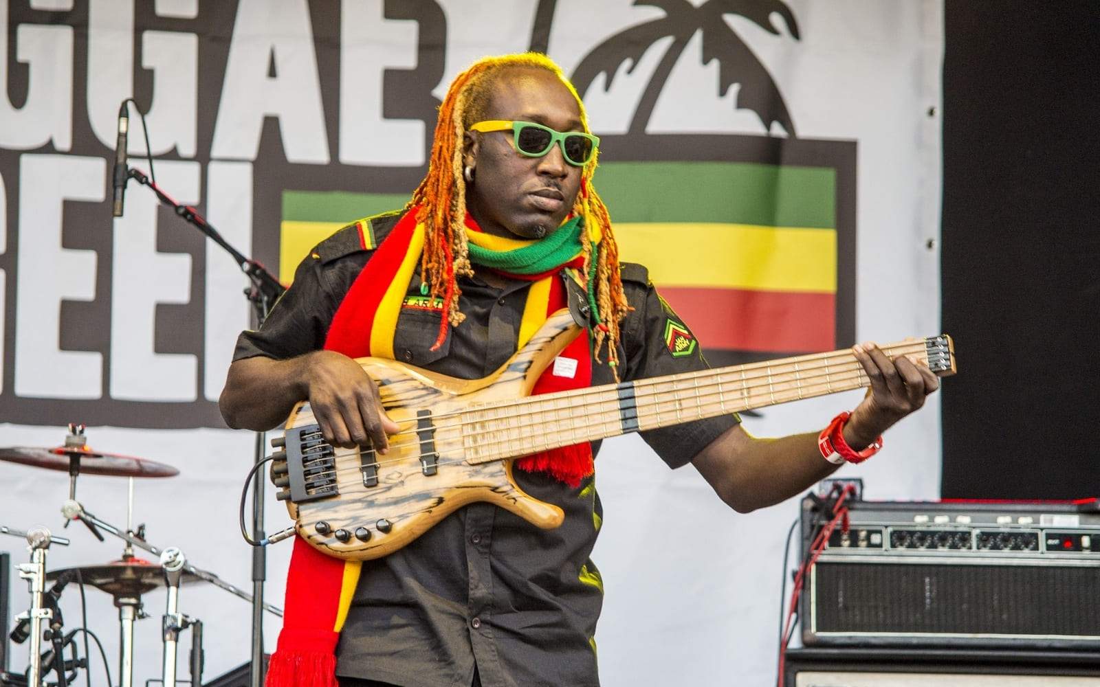 Artiste reggae sur scene qui joue de la guitare avec des dreadlocks aux couleurs vertes jaunes et rouges