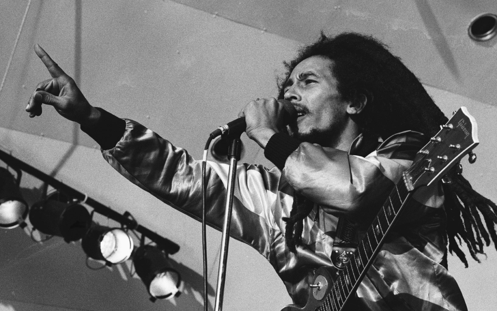 Bob Marley en plein concert, micro en main et dreadlocks dans les airs