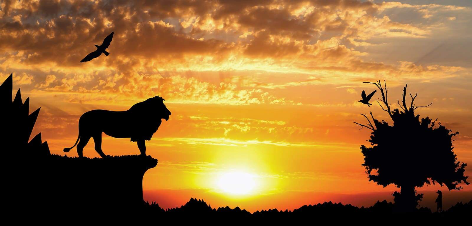 Paysage-de-l'afrique-au-couché-du-soleil-avec-un-lion-installé-en-hauteur-et-des-oiseaux-et-singes.