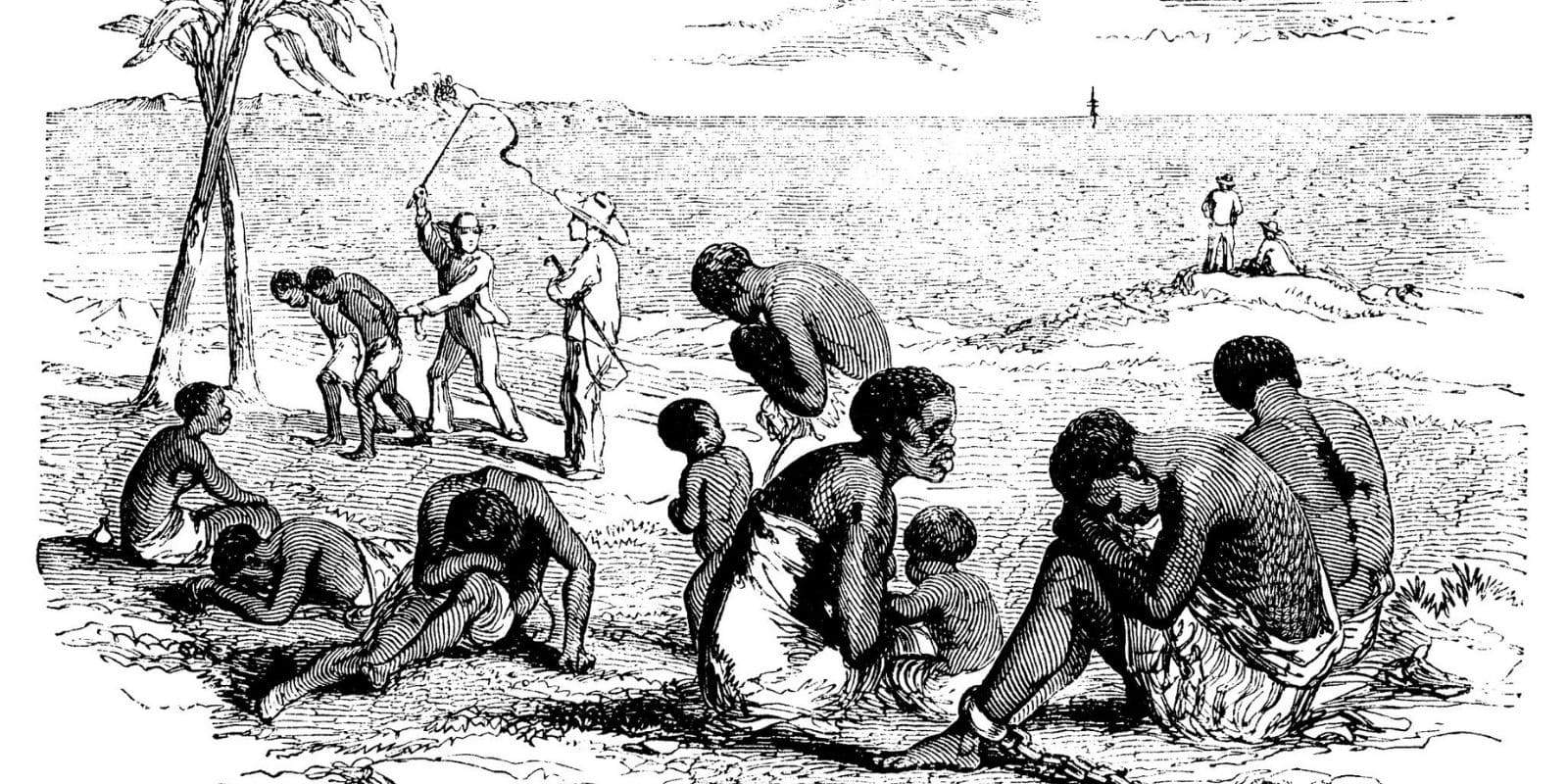 Dessins d'esclaves africains surveillés par des gardes blancs, au bord de la plage attendant un bateau